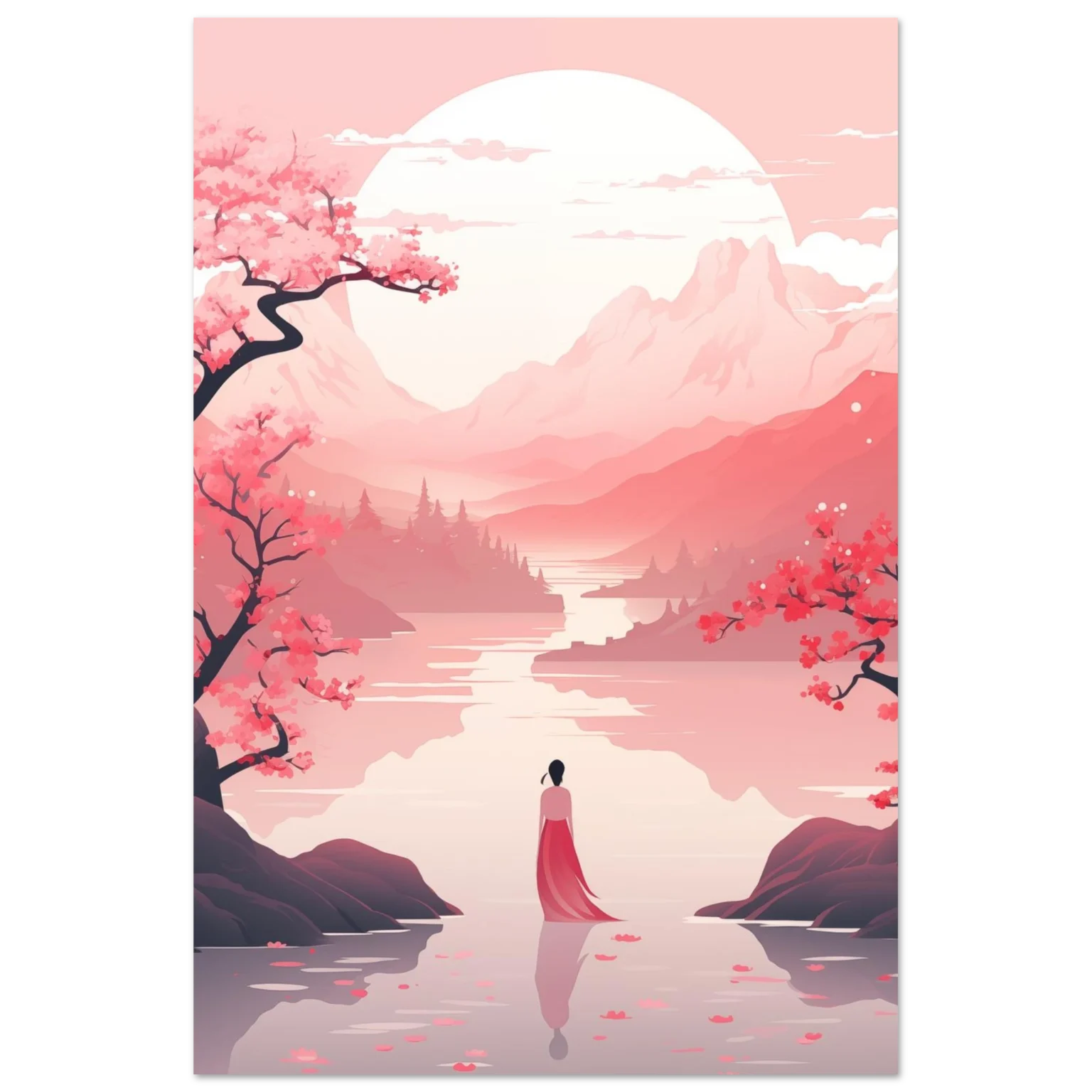Elegant Springtime Aluminum Print - Classic Chinese Landscape Art with Cherry Blossoms